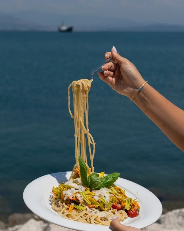 Spaghetti served overlooking the Gulf