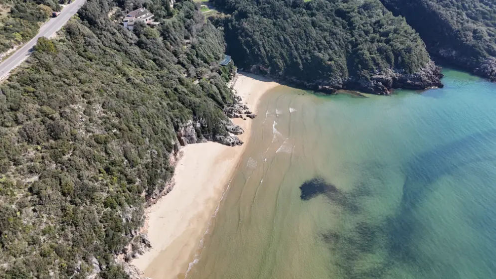 The coast of Gaeta from above: a sandy cove between the maquis and the sea