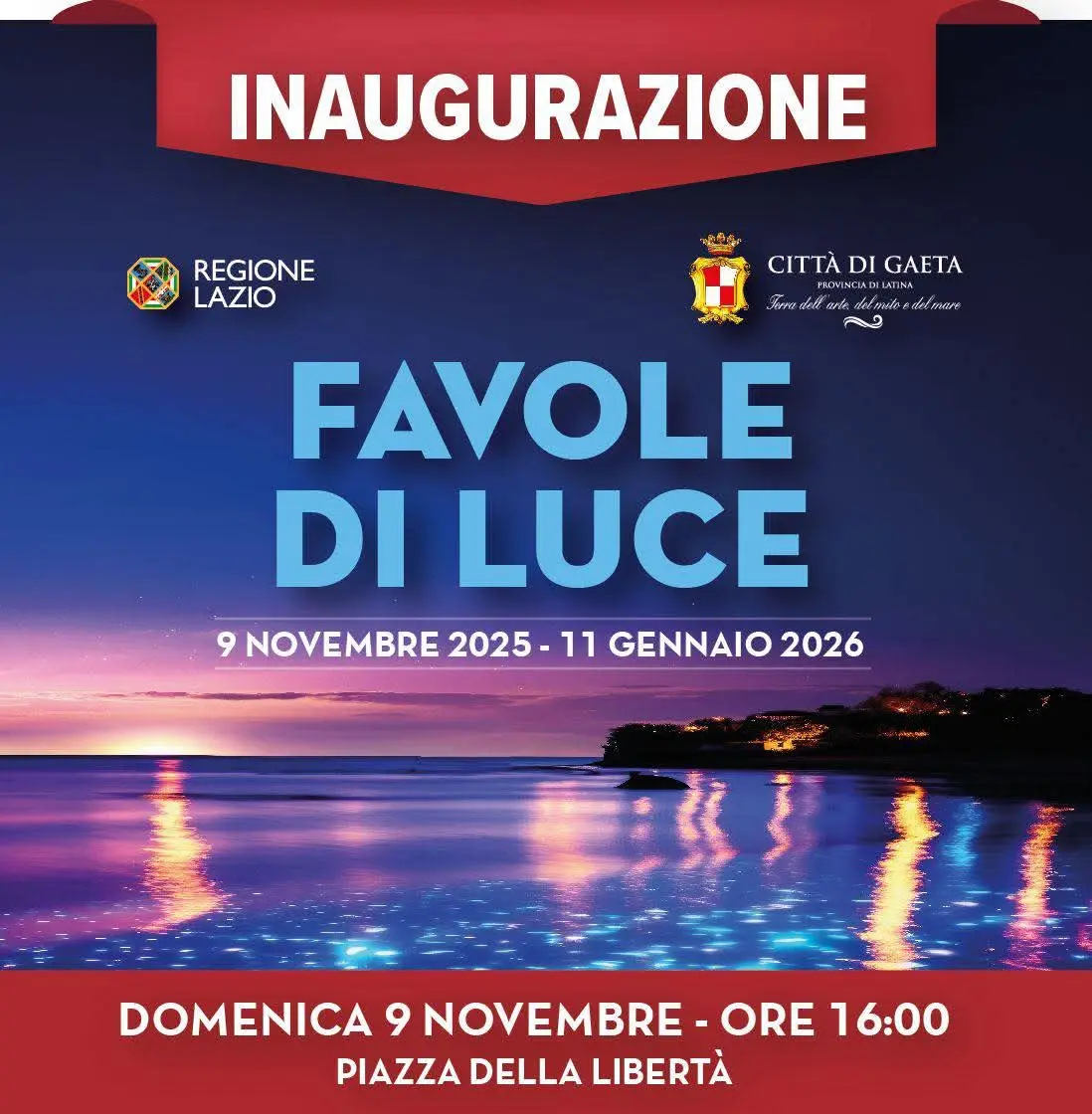 Locandina ufficiale Favole di Luce Gaeta 2025-2026 con date e luogo inaugurazione
