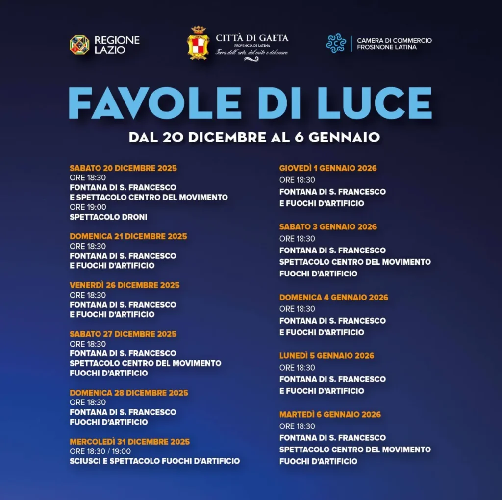 Locandinca ufficiale eventi gratuiti luminarie di gaeta 2025