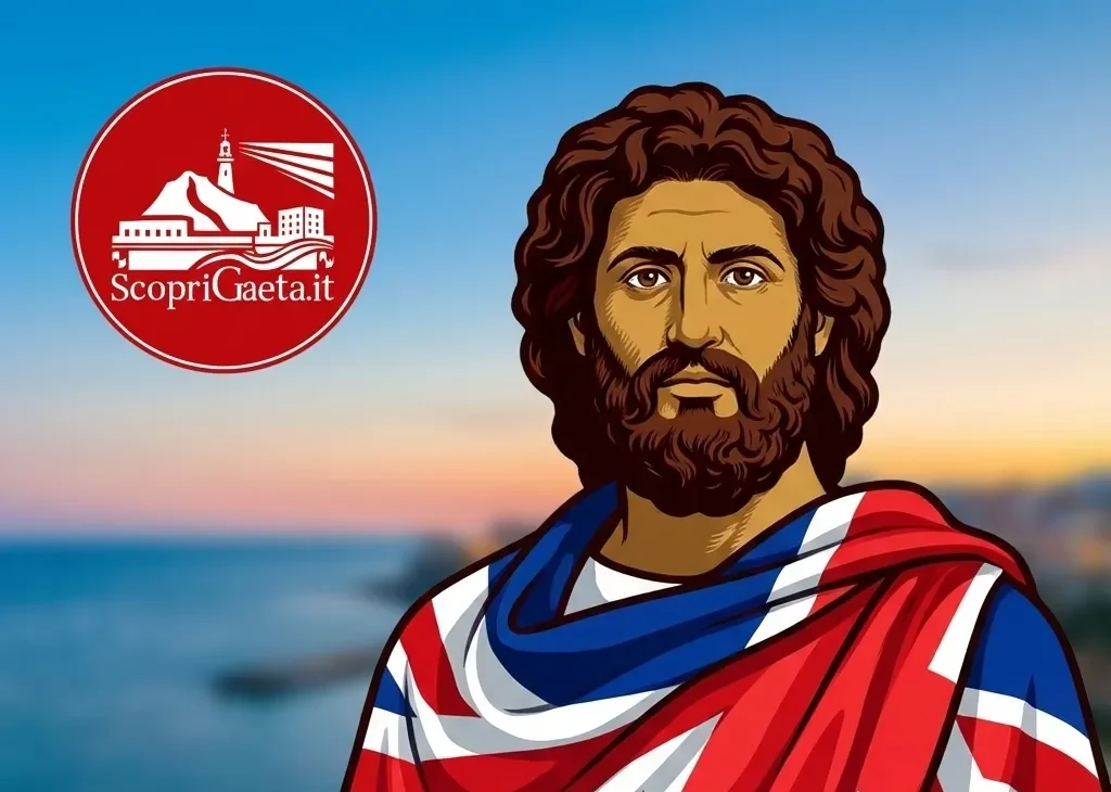 Immagine di Enea, ai di scoprigaeta.it, avvolto dalla bandiera inglese