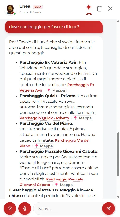 Screenshot funzionalità trova parcheggi di enea