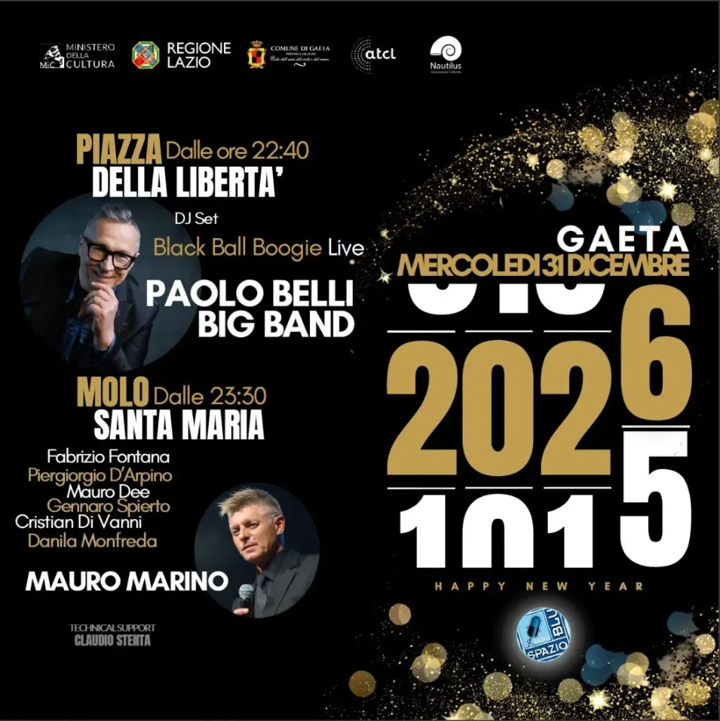 Locandina ufficiale di capodanno 2026 a gaeta, doppio evento