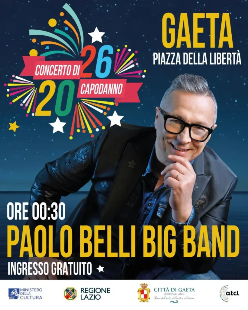 Locandina ufficiale capodanno 2026 a gaeta. Paolo Belli dalla mezzanotte in poi