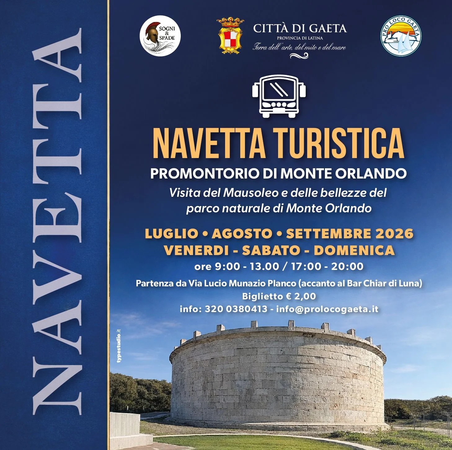 Locandina della Navetta Turistica per il Mausoleo di Lucio Munazio Planco a Monte Orlando, Gaeta