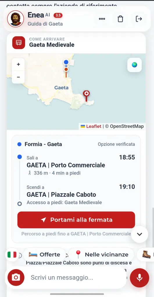 La scheda «Come arrivare» di Enea: mappa, fermata di salita e discesa con gli orari del bus per Gaeta Medievale
