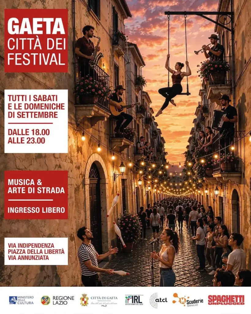 Manifesto di Gaeta Città dei Festival: musica e arte di strada nel centro storico, tutti i weekend di settembre 2026