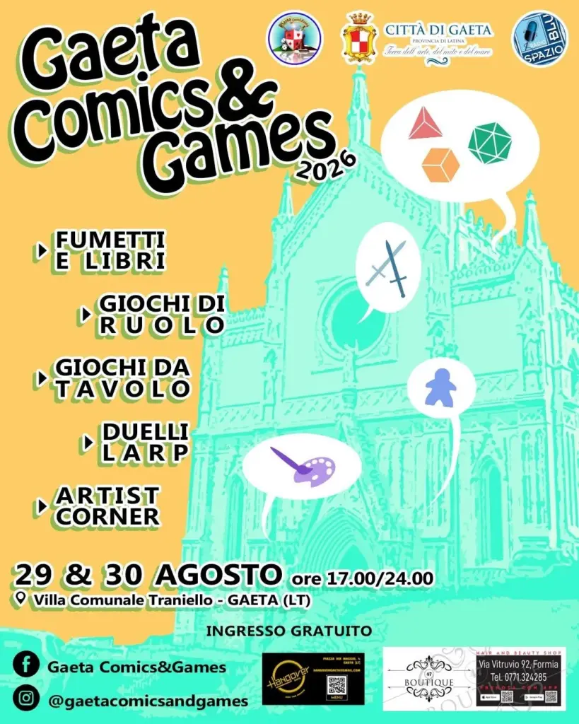 Locandina di Gaeta Comics & Games 2026, 29 e 30 agosto alla Villa Comunale Traniello
