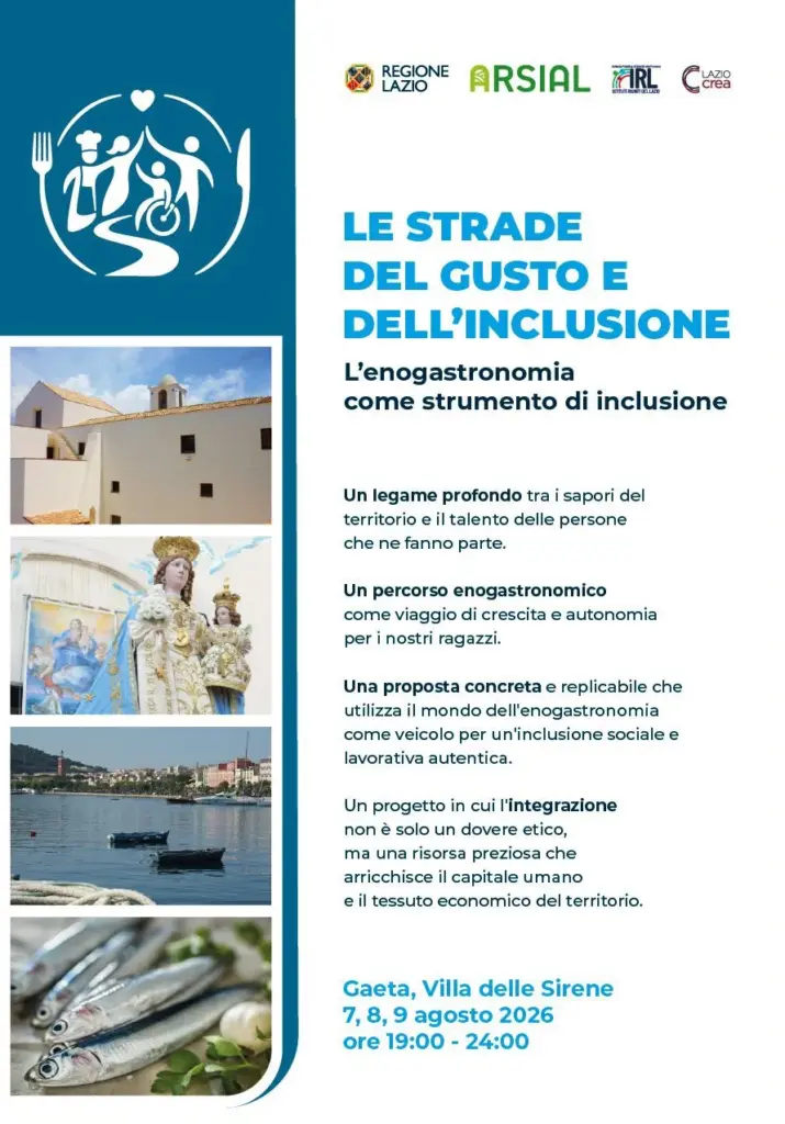 Manifesto de Le Strade del Gusto e dell'Inclusione 2026 a Villa delle Sirene, Gaeta, 7-9 agosto