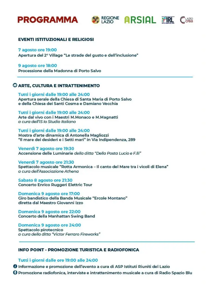 Programma di eventi istituzionali, religiosi, arte e spettacolo a Gaeta dal 7 al 9 agosto 2026