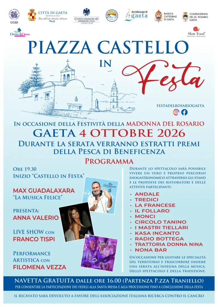 Programma di Piazza Castello in Festa per la Madonna del Rosario a Gaeta, 4 ottobre 2026: Max Guadalaxara, Anna Valerio, Franco Tispi, Filomena Vezza, stand dei locali e navetta gratuita