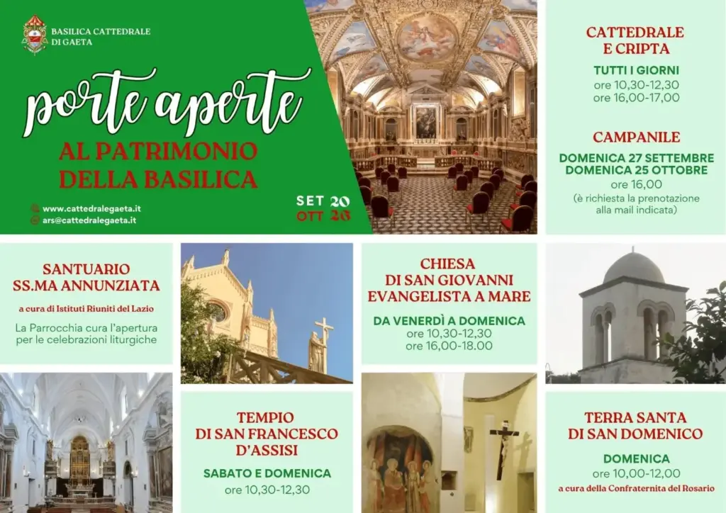 Locandina di Porte Aperte al Patrimonio della Basilica di Gaeta con gli orari di settembre e ottobre 2026
