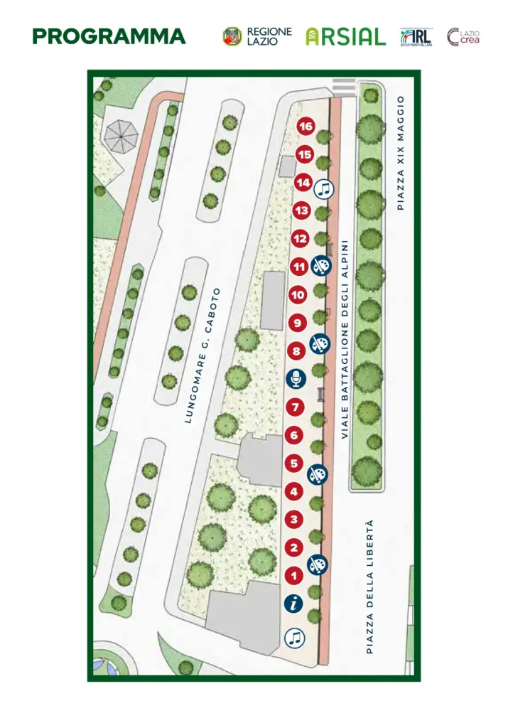 Mappa degli stand de Le Strade del Gusto e dell'Inclusione sul Viale Battaglione degli Alpini, fra Piazza della Libertà e Piazza XIX Maggio a Gaeta