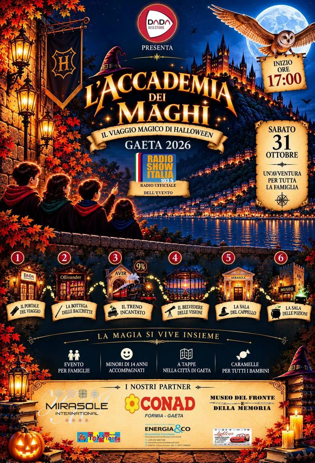 Locandina ufficiale de L'Accademia dei Maghi, Halloween a Gaeta sabato 31 ottobre 2026 dalle 17:00, organizzata da DadaWeb