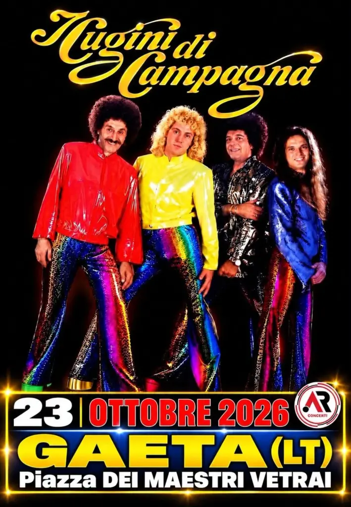 Locandina del concerto dei Cugini di Campagna a Gaeta, venerdì 23 ottobre 2026 in Piazza dei Maestri Vetrai