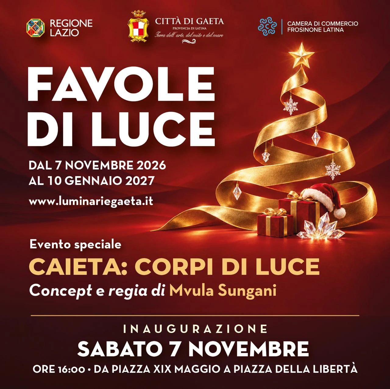 Locandina ufficiale delle Favole di Luce 2026-2027 a Gaeta: dal 7 novembre 2026 al 10 gennaio 2027, inaugurazione sabato 7 novembre alle 16 in Piazza della Libertà
